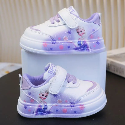 Disney Girl's Fashion Thick Sole Sports Shoes Spring Children's Frozen Princess Elsa PU Leather Running Sneakers Size 18-29.