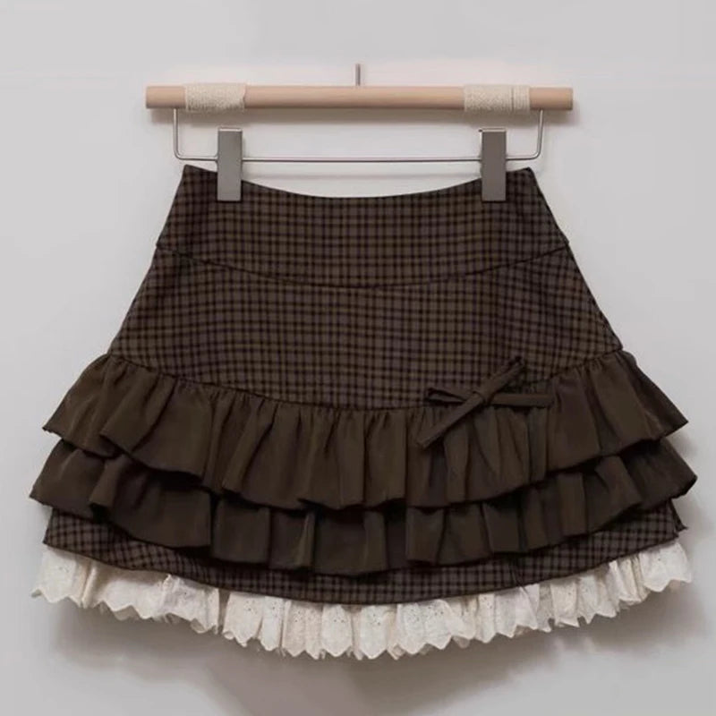 Japanese Sweet Lolita Mini Skirts Women Y2K Kawaii Lace Patchwork Bow Cake Skirt Femme High Waist Preppy All Match A Line Skirts.