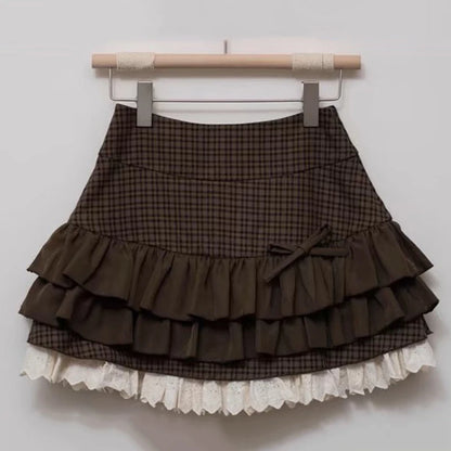 Japanese Sweet Lolita Mini Skirts Women Y2K Kawaii Lace Patchwork Bow Cake Skirt Femme High Waist Preppy All Match A Line Skirts.