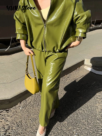 Chic Stand Collar Leather Long Skirt Sets Women Long Sleeve Jackets Spliced Solid Skirts 2025 Autumn Lady Y2k Outfits dress.