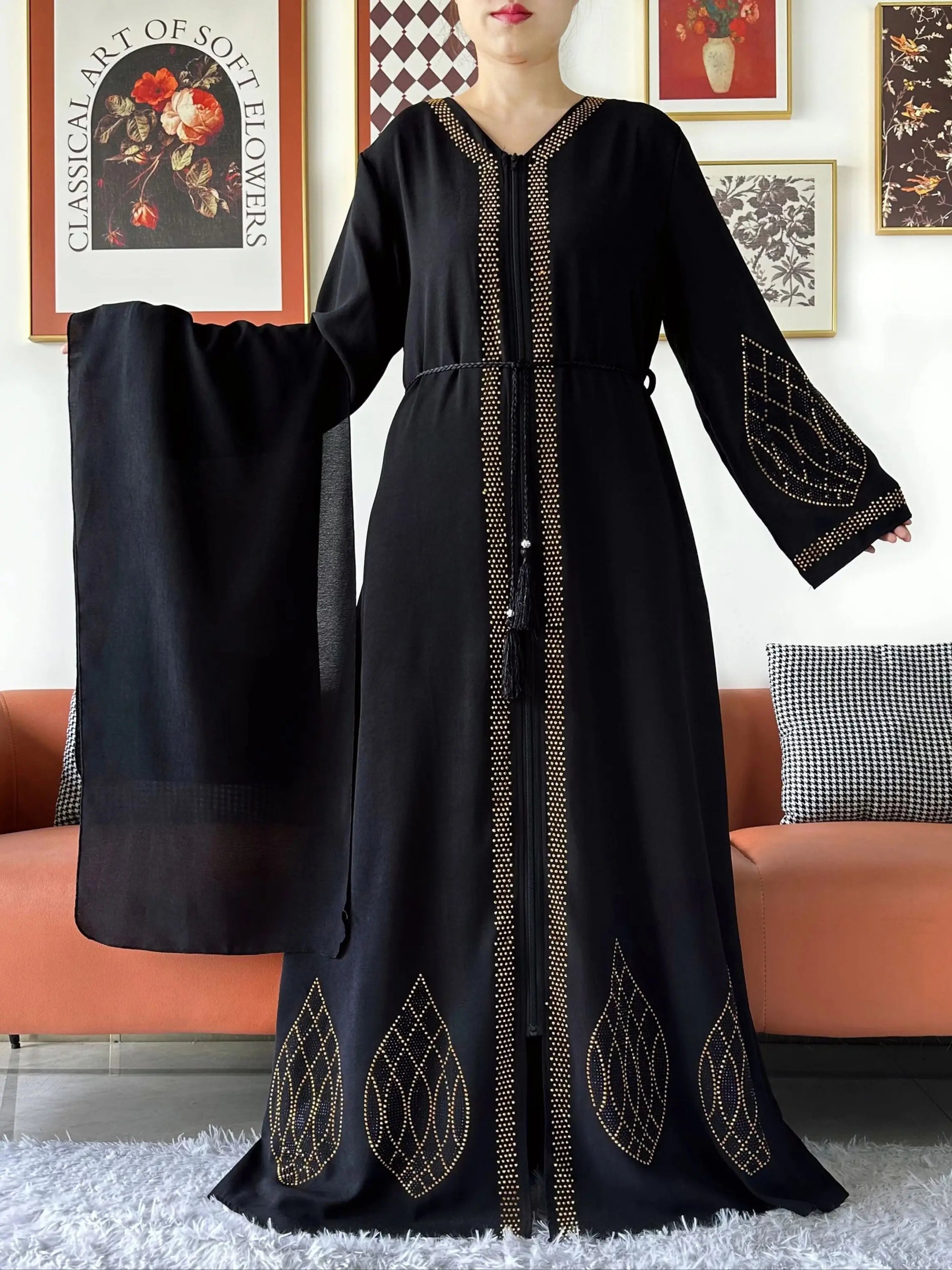 Elegant Women's Party Dress Chiffon Loose Open Zipper Abaya Muslim Islamic Clothing Cardigan Style for Special Occasions.