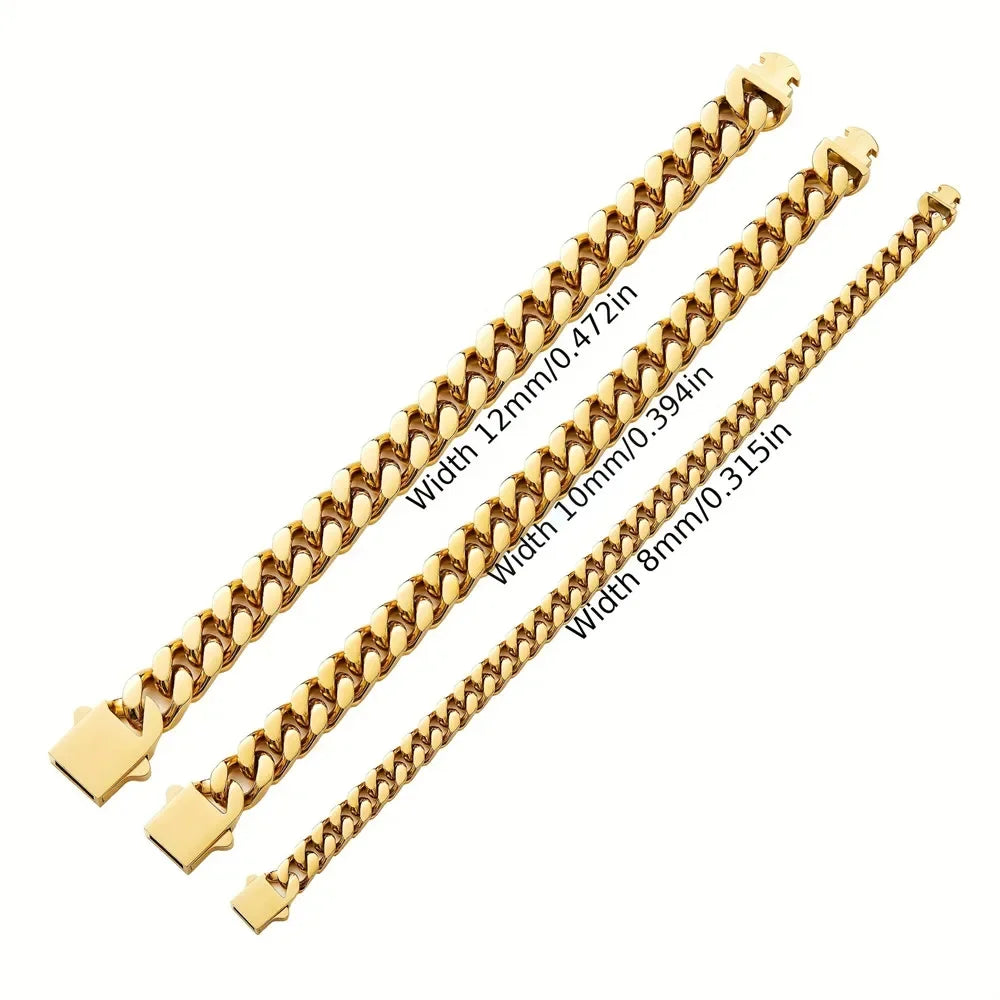 316 Stainless Steel Plated 18k Gold Fashion 8.10.12mm Encrypted Cuban Chain Miami Rap Hip Hop Men's Bracelet Accessory.