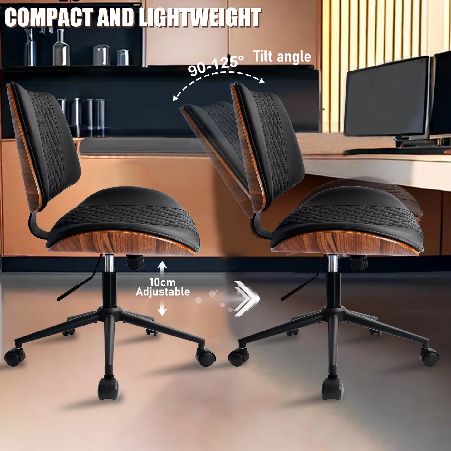 Durrafy Bürostuhl ohne Armlehnen, moderner Walnussstuhl, Schreibtischstuhl mit Leder, höhenverstellbar, kleiner Stuhl, PU-Leder, Uphol
