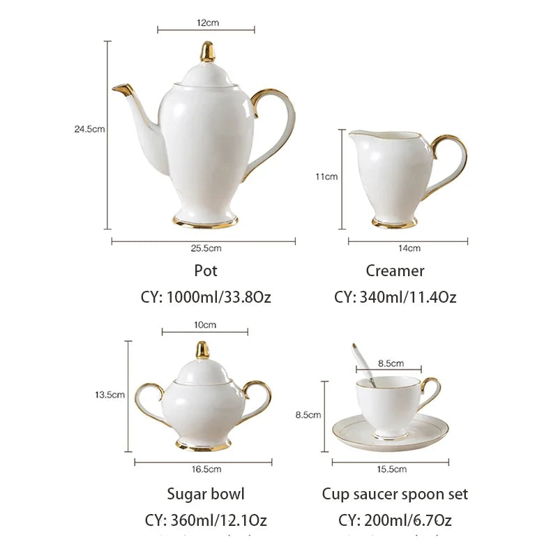 China Coffee Set White Gold Porcelain Tea Advanced Pot Cup Ceramic Mug Sugar Bowl Creamer Teapot Milk Jug Teaset.