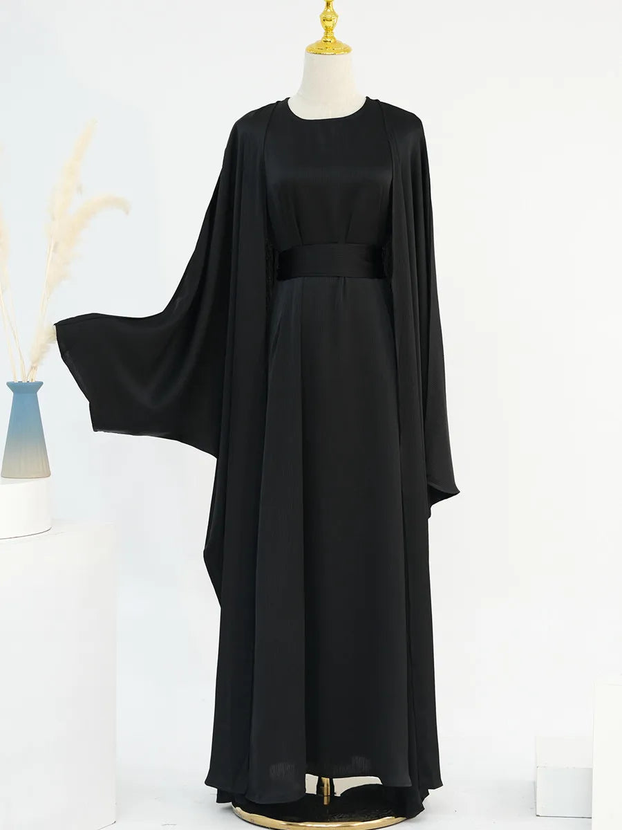 Muslim Turkish Women Arabic Dubai Abaya Long Dress Modest Ramadan Robe Liner Dress Kaftan Two-Piece Set Femme Islam Clothing Set