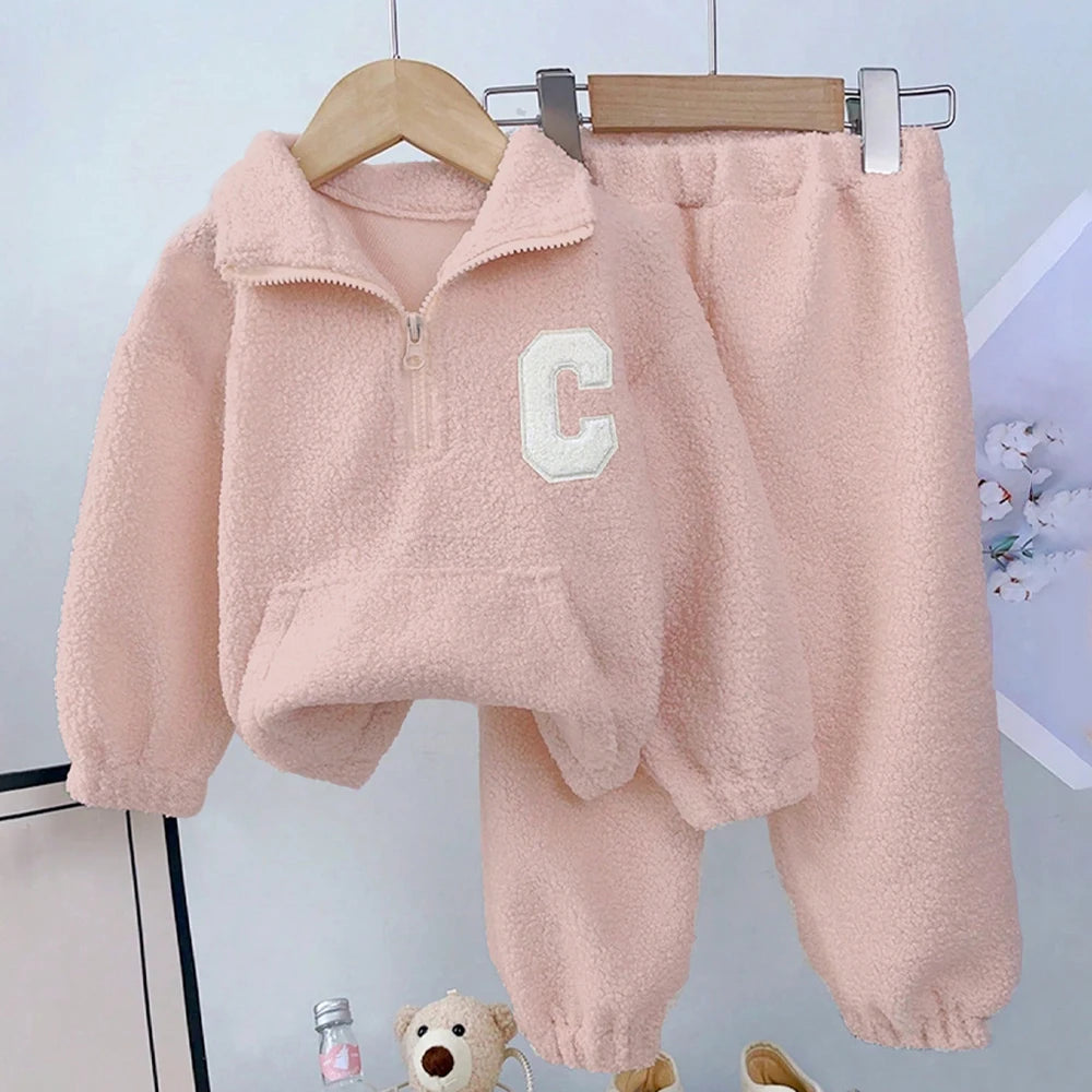 Bear Leader Girls' Set 2023 New Children's Autumn New Lamb Fleece Standing Collar Pullover Top+Pants Two Piece Kids' Fashion Set