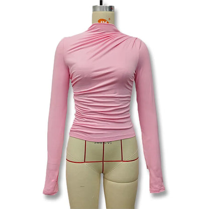 Gtpdpllt Women Tees Sexy Turtleneck Long Sleeve Pleated Basic Women's T-shirts 2025 Spring Autumn Fashion Chic Female Streetwear