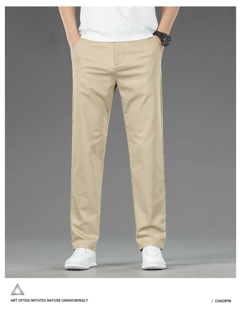 Thin Men Bamboo Summer Pants Casual High Quality Business Classic Fashion Stretch Slim Formal Straight Trousers Black Gray Khaki