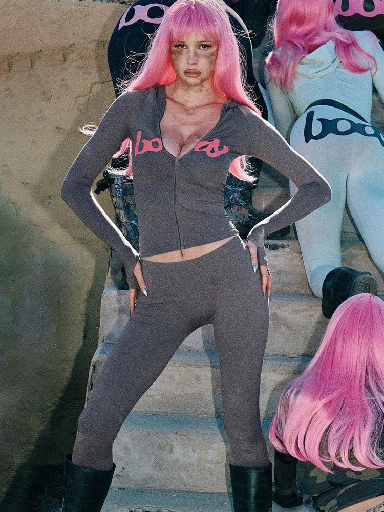 Weird Puss Letter Print 2 Piece Set Women Tracksuit Hooded Jacket+Leggings Matching Stretch Streetwear Casual Sporty Outfits