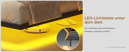 140 x 200 cm großes Polsterbett mit Doppelbettrahmen und LED-Beleuchtung und Ladestation. Kopfteil inklusive schwebendem Bettdesign