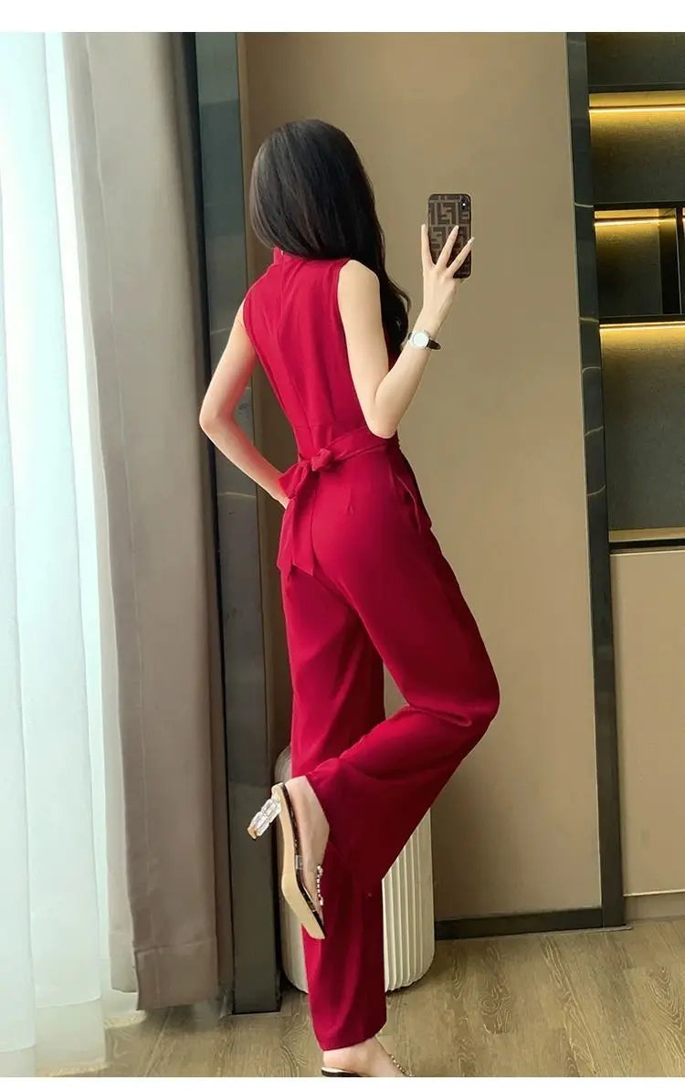 Women's Wide Leg Jumpsuit Pants 2025 Summer New Casual Straight Tube Sports Overalls V-neck Sleeveless Bodysuit For Women Romper