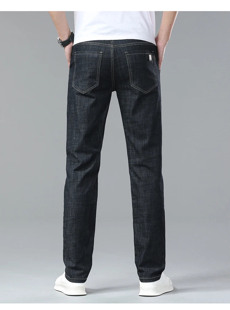 Men's Ice Silk Jeans Summer New Lyocell Thin Business Casual Denim Pants Classic All Match Slim Fit Straight Elastic Jean Male