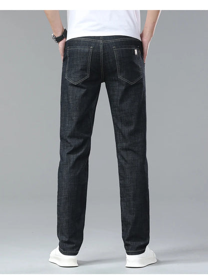 Men's Ice Silk Jeans Summer New Lyocell Thin Business Casual Denim Pants Classic All Match Slim Fit Straight Elastic Jean Male