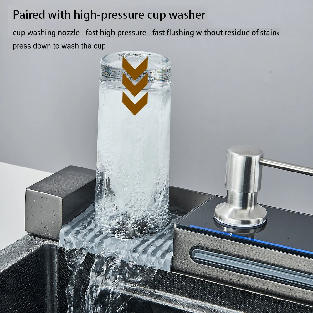 Stainless Steel Kitchen Sink with Hot Cold Pull Out Kitchen Sink Faucets Digital Large Single Bowl Waterfall Rain Kitchen Sinks