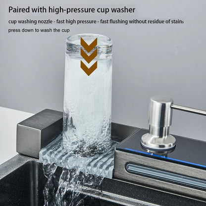 Stainless Steel Kitchen Sink with Hot Cold Pull Out Kitchen Sink Faucets Digital Large Single Bowl Waterfall Rain Kitchen Sinks