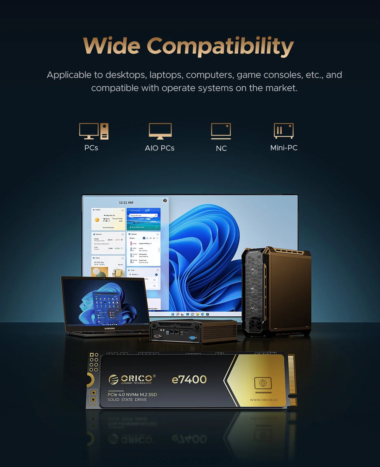 ORICO Gaming PCIe4.0 M.2 NVMe SSD PS5 7400MB/S Internal Solid State Drive Gen4 for High End Computing Gamer Heavy Duty Works.