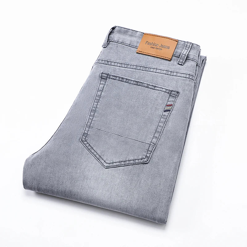 Brand Men's Fashion Summer Thin Jeans Comfortable Stretch Cotton Business Straight Casual Denim Pants Light Gray Blue Pants.