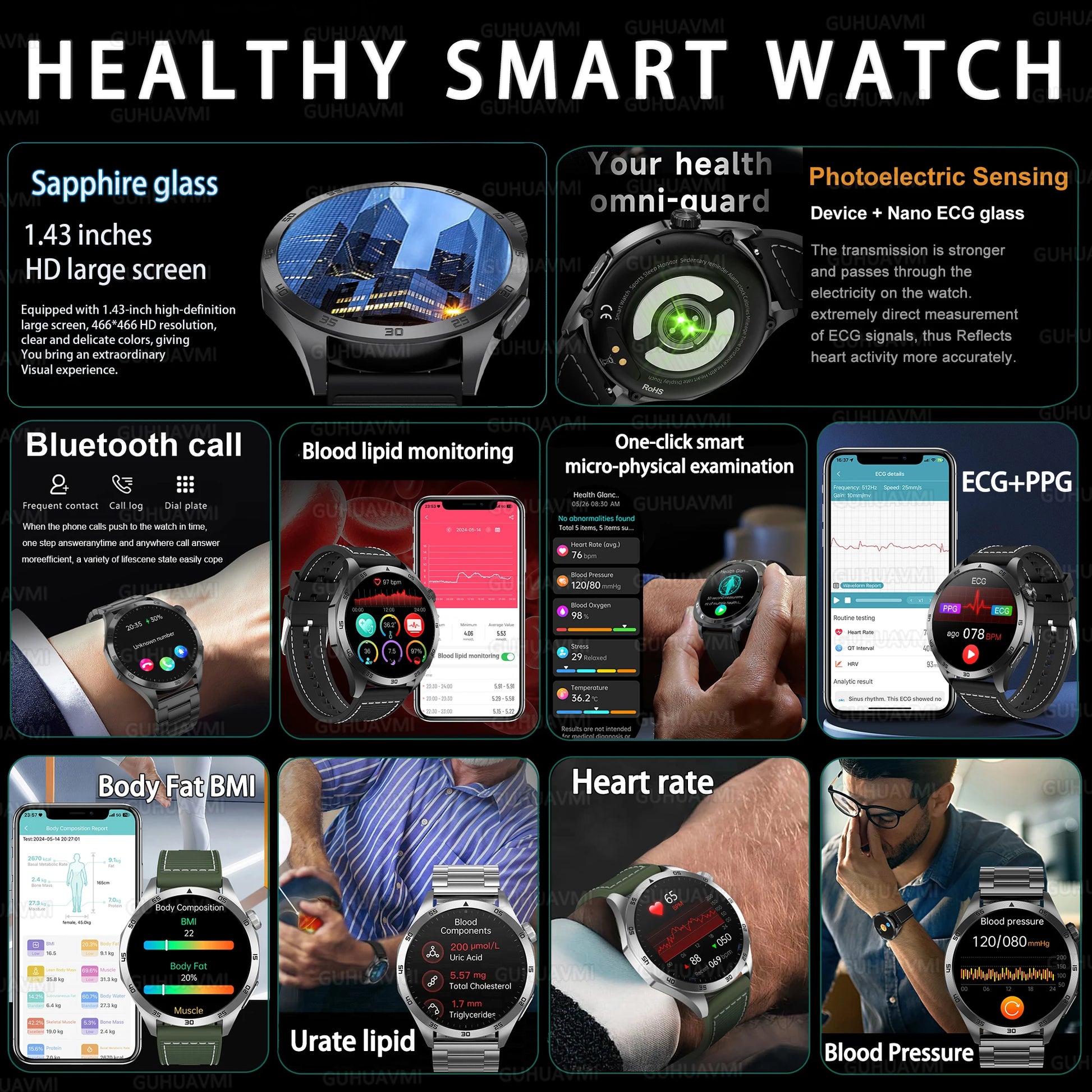 2025New Micro Physical Examination Blood Lipids Uric Acid Blood Pressure Smart Watch ECG+PPG Clock Bluetooth Call Smartwatch Men.