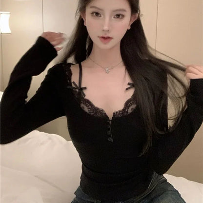 Autumn Sweet Lace Stitching V-neck Skinny Top Pink Coquette Aesthetic Slim-fit Long Sleeve T-shirts Cute Casual Tees Women Goth.