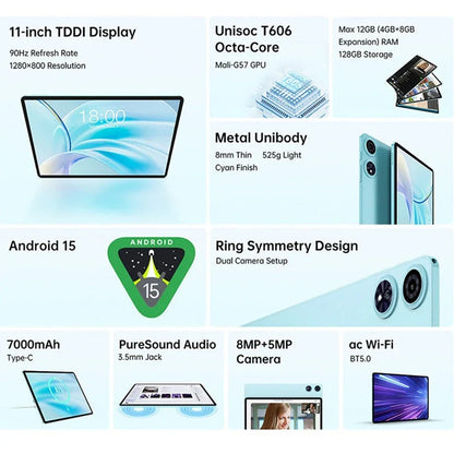 Teclast P50 Case Tablet 11-inch Display Android 15 1280x800 Unisoc T606 Octa-Core CPU 12GB RAM 128GB ROM 7000mAh Battery 8MP+5MP.