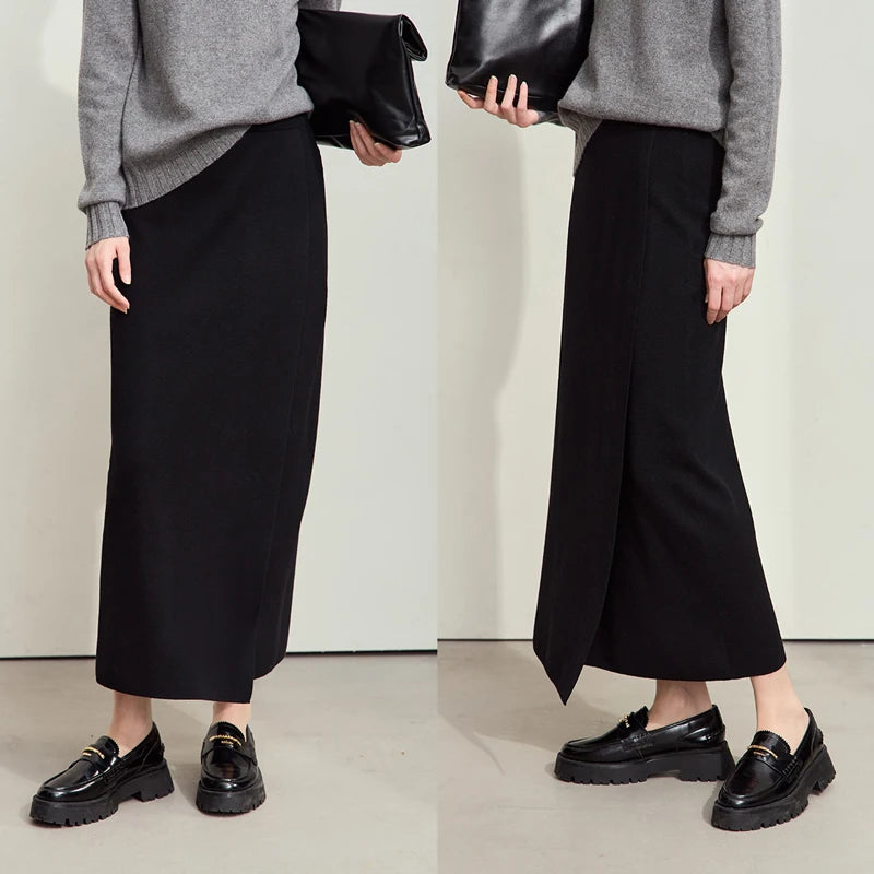 AMII Minimalist Elegant Basics Knitted Skirts for Women 2024 Winter New Elastic Waist Straight Lady Commuter Long Skirt 12443250