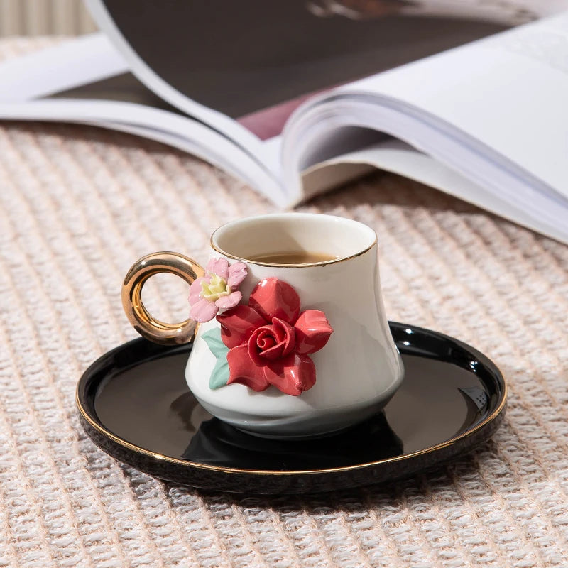 120ml Ceramic Coffee Cup Saucer Set Hand Pinched Flowers with Hand and Dish Milk Tea Porcelain Drinkware Tableware Gift.