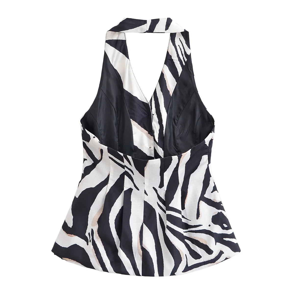 HH Women Pants Suit Fashion Zebra Stripes Single Breasted Sexy Sleeveless V-Neck Top+High Waist Zipper Casual Wide Leg Pants.