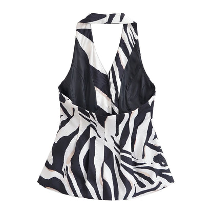 HH Women Pants Suit Fashion Zebra Stripes Single Breasted Sexy Sleeveless V-Neck Top+High Waist Zipper Casual Wide Leg Pants.