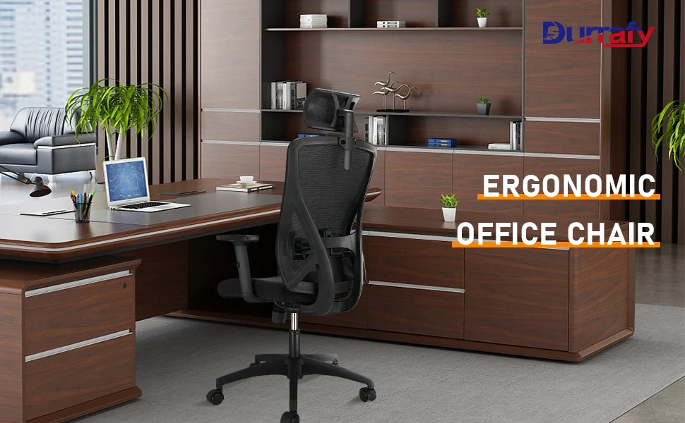 Durrafy Ergonomischer Bürostuhl, Bürostühle, Schreibtischstuhl mit verstellbarer Kopfstütze, Armlehnen, 150 kg Tragfähigkeit, Schwarz