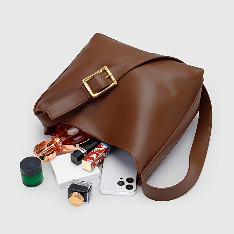 Women's Fashion Tote Bag, Minimalist Shoulder Handbag, Retro Faux Leather Bucket Bag, Polyurethane Lining, No Print.