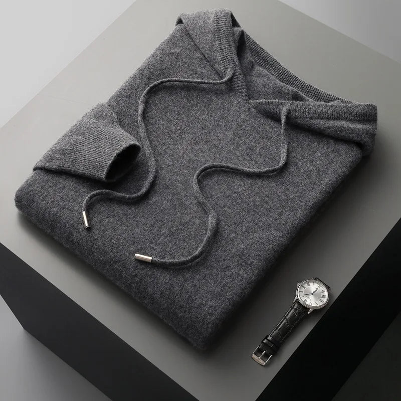 Autumn Winter New Merino Sweater Men's 100% Wool Hooded Collar Knitted Pullover Casual long Sleeved Hoodie