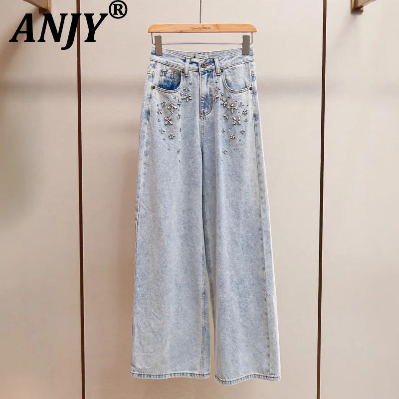 ANJY Autumn Winter Women Fashion Casual Versatile Washed Tide Diamonds Straight Jeans Trend Design Sense High Waist Pants A10636.
