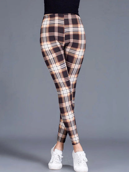 CUHAKCI Mode Plaid Druck Leggings Frauen Sexy Fitness Leggins Grid Floral Streifen Hosen Hohe Taille Bleistift Hosen