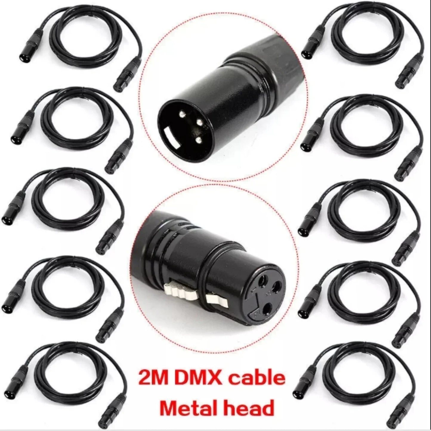 10Pcs 2M DMX XLR Cable Set 3 Pins Metal Connectors Multi-Layer Shielding Non-Waterproof For Stage Lighting & Events.