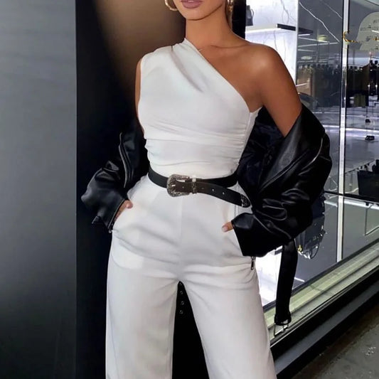 Women Elegant Slash Collar Straight Romper Sexy Off Shoulder Suit One Piece 2023 Fashion Lady High Waist Bow Solid Jumpsuits.