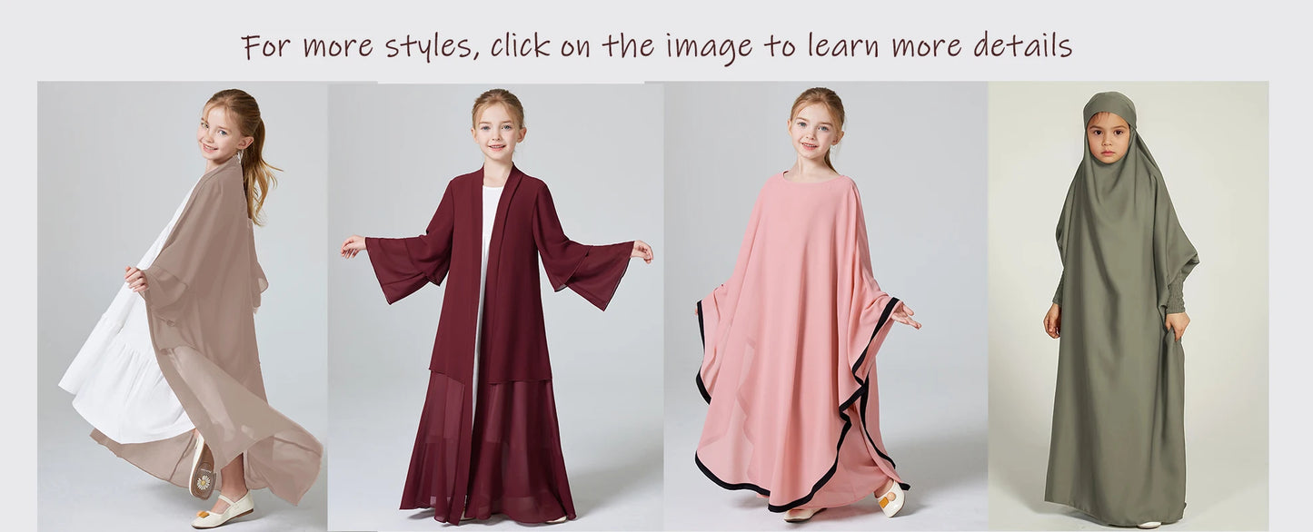 Abaya Ramadan Kebaya Girls 2pcs Muslim Outfits, Long Sleeve Dress + Hijab Set, Kids Abayas Girls Dubai Khimar.