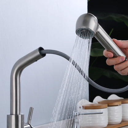 360° Rotating Retractable Sink Faucet Hot and cold Water Button Ceramic Valve Kitchen Stainless Steel Faucet with Shower