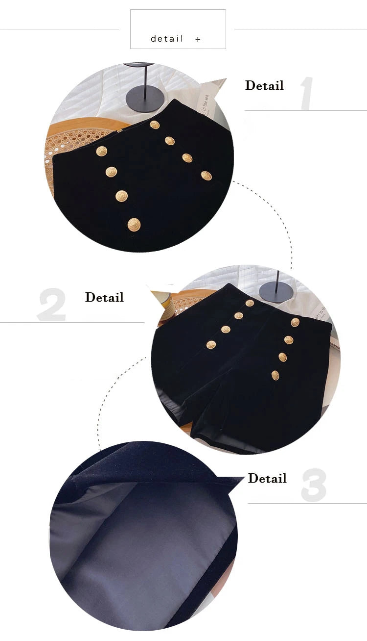 Velvet Black High Waist Slim Shorts Thicked Women's Winter New Korean Fashion Double-breasted Wide Leg Short Pants.
