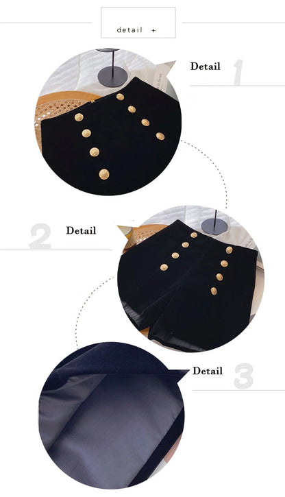 Velvet Black High Waist Slim Shorts Thicked Women's Winter New Korean Fashion Double-breasted Wide Leg Short Pants.