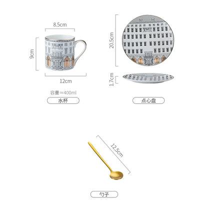 European-style Roman Architecture Ceramic Disc Coffee Cup Snacks Main Course Plate Kitchen Tableware Coffee Mug Storage Tray.