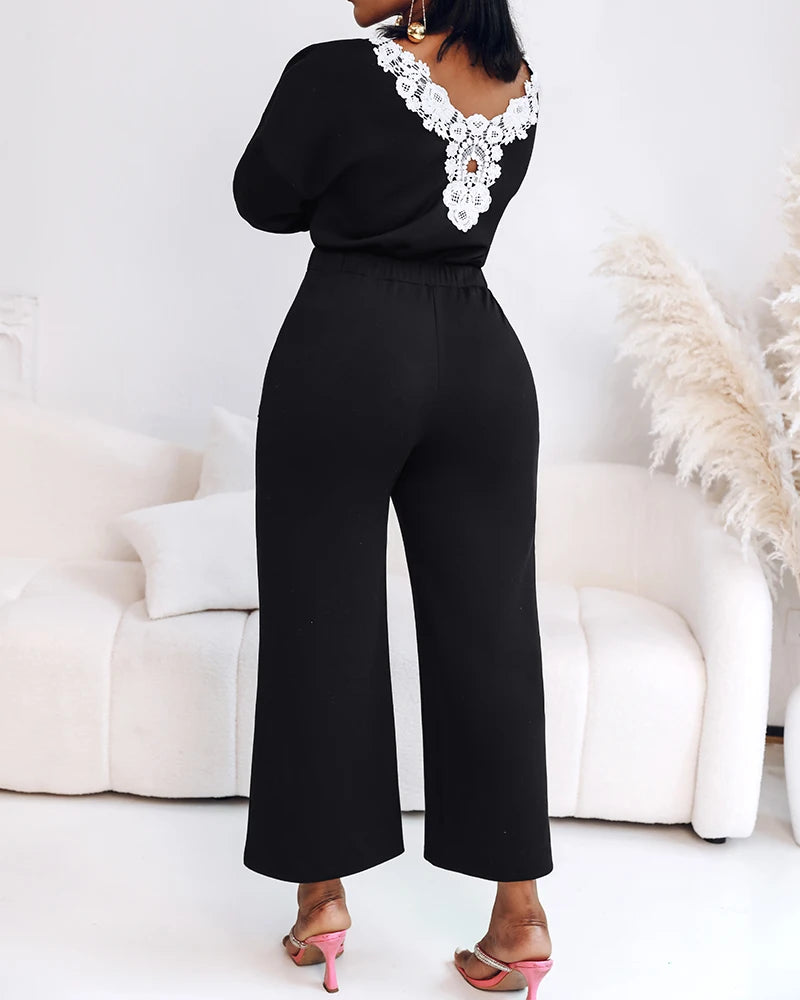 Women's Backless Lace Contrast Detail Jumpsuit Drop Shoulder Long Sleeve Casual Elastic Waist Wide Leg Overalls.