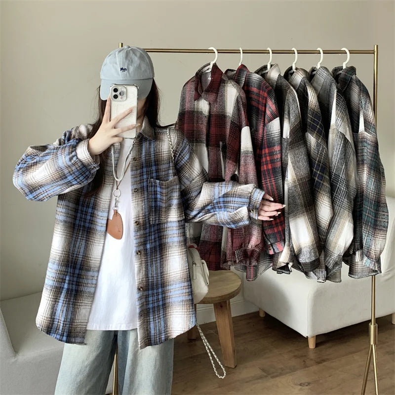 Zjaiss Women Thick Woolen Plaid Blouse Loose Long Sleeved Tops 2025 Autumn Winter New Casual Shirt Long Shirts