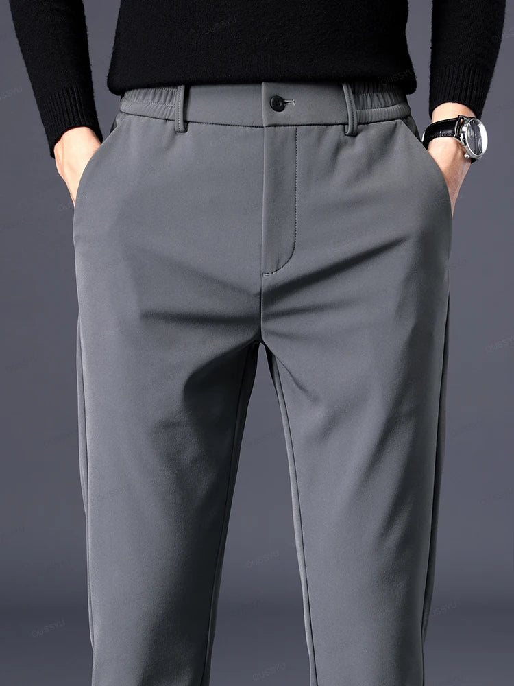 Autumn Winter Casual Pants Men Thick Business Stretch Slim Elastic Waist Jogger Outdoors Korean Classic Grey Black Trousers Male
