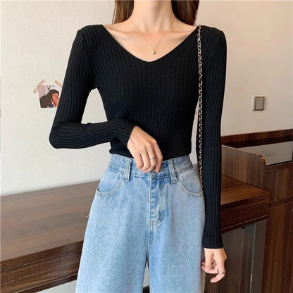 2025 einfarbig Schlank Pullover Koreanische Herbst Winter V-ausschnitt Pullover Mode Lässig Langarm Gestrickte Pullover Frauen Kleidung
