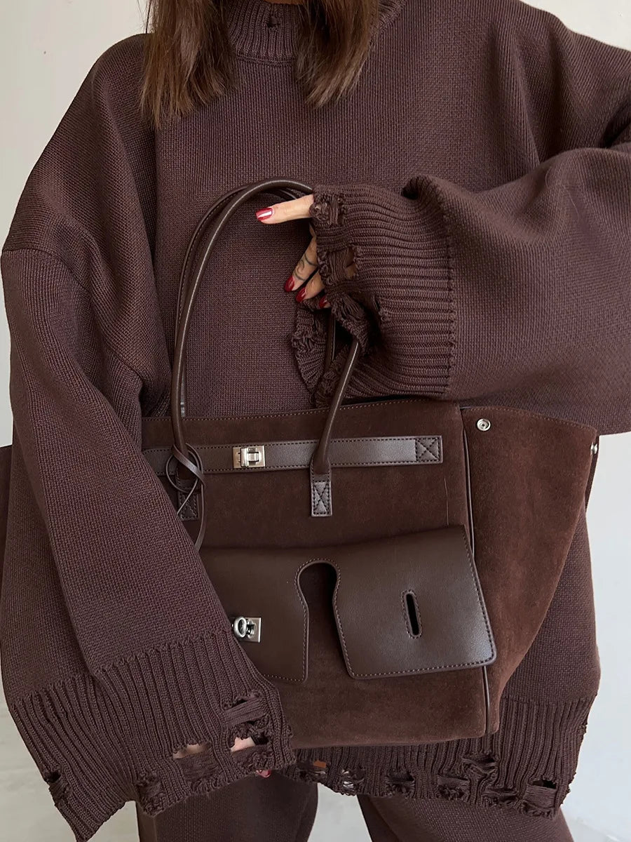 Two Piece Ripped Set Women Knit Tracksuits O Neck Long Sleeve Casual Baggy Sweatshirts+ Joggers Pants Outfits 2025 Fall Winter