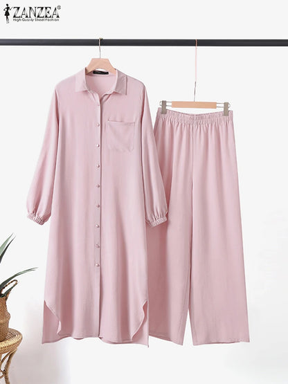 ZANZEA Herbst Muslimischen Sets Türkei Dubai Abaya Frauen Langarm-shirt Set Kausalen Hosen Anzüge Abayas Für Frauen IsIamic Outfits.