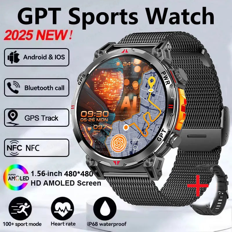 2025 GPS Sports Smart Watch GPT AMOLED 1.56 inch 488 * 488 Heart Rate Blood Oxygen Blood Pressure Monitoring 3ATM Smartwatches