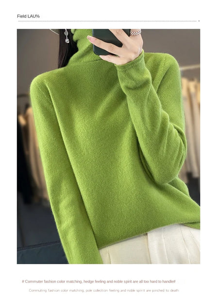 2025 100% Merino Wool Sweater Elegant Cashmere Pullover Women Pile Collar Long Sleeve Knitwear Basic Clothing  Jumper Tops