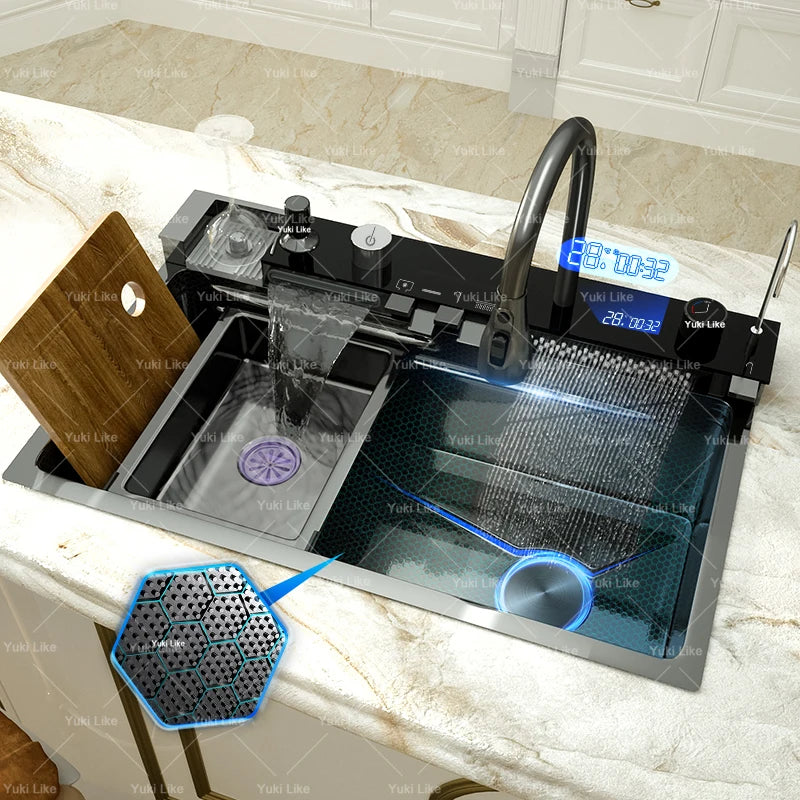 Stainless Steel Waterfall Kitchen Sink Extra Large Single Slot Multifunctional Sinks Digital Display Dishwashing Basin