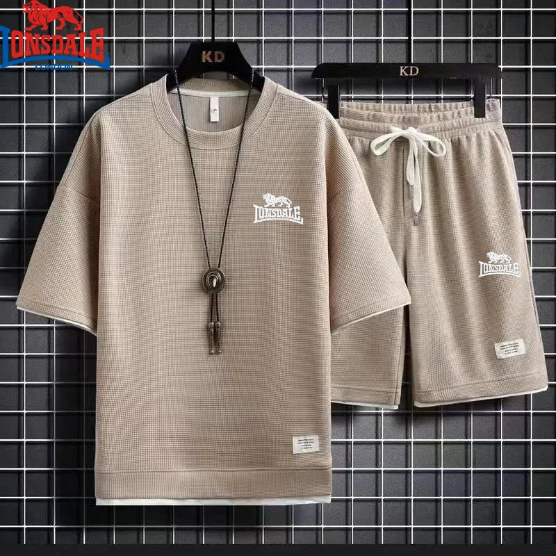 Embroidered LONSDALE Summer Men's Waffle Sets Casual T-Shirt And Shorts Set Male Sports Suit Tracksuit Loose Suits Size 3XL.